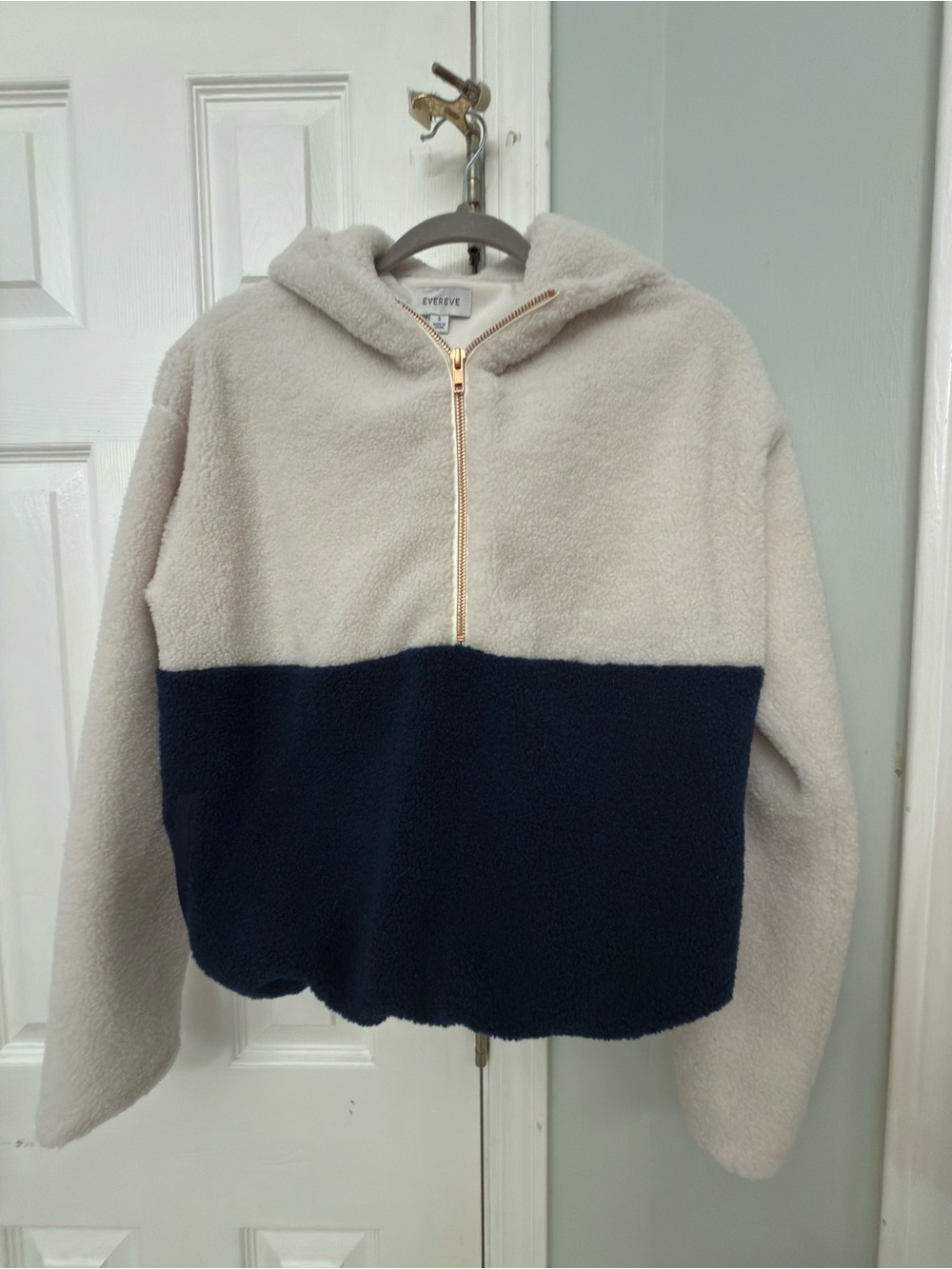 EVEREVE Reese Sherpa Quarter Zip Hoodie Navy Ivory Size S NWOT